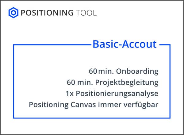 POSITIONING TOOL Basic Account: 60 min. Onboarding, 60 min. Projektbegleitung, Marketing Canvas Positionierung, Positionierungsanalyse, Bericht mit Umsetzungstipps für Marketing und Vertrieb